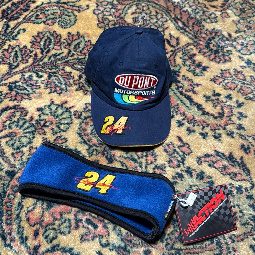 Vintage NOS 1990s NASCAR Jeff Gordon #24 Headband Action Sports & 2002 Chase Cap
